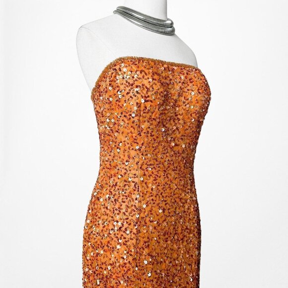 Vintage Orange Strapless Silk Sequin Maxi Bodycon Formal Prom Dress Size M - Picture 5 of 6